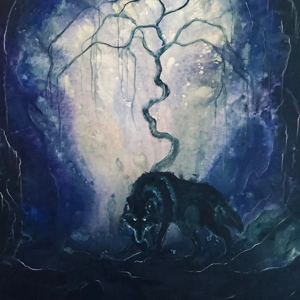 El Hambre - Impresión artística sombría - Lobo oscuro en una caverna violeta acechando debajo de un árbol místico
