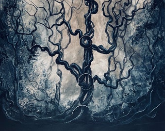 Shadow Vault - Original Canvas Painting - Dark & Magical Black and White Tree in Surreal Forest Landscape