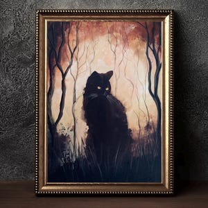Last Thought Before Dark - Shadowy Cat Art Print - Thoughtful & Haunting Feline in Surreal Forest