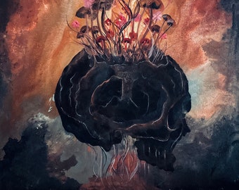 There is No End - Lustrous Art Print - Cracked Dark Skull with Mushrooms and Dark Flowers Bursting into Surreal Life