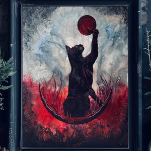 Persiguiendo a Luna - Lámina artística de gato negro - Felino oscuro y embrujado con luna llena de sangre roja
