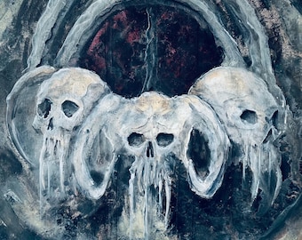 Fallen Kings - Original Canvas Painting - Three Sad Demon Skulls Haunting Dark Surreal Landscape