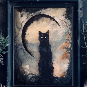 Fearless Familiar - Dark Cat Wall Art Print - Witchy & Skinny Black Feline Haunting Surreal Landscape