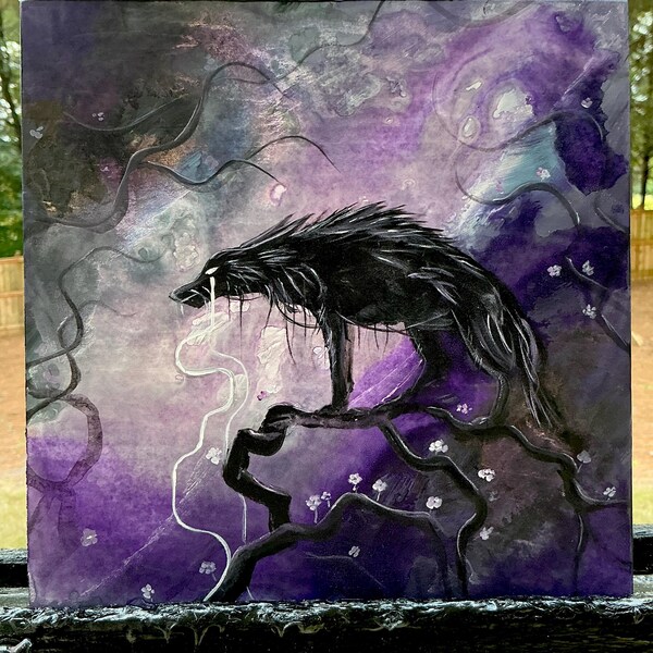 Lágrimas destrozadas - Pintura original - Lobo solitario oscuro con lágrimas surrealistas acechando en la noche con flores