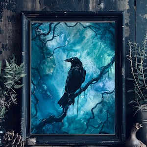 Feather of the Fates - Shadowy Art Print - Proud Shadowy Raven Perched on Branches
