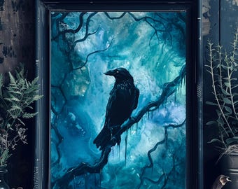 Feather of the Fates - Shadowy Art Print - Proud Shadowy Raven Perched on Branches
