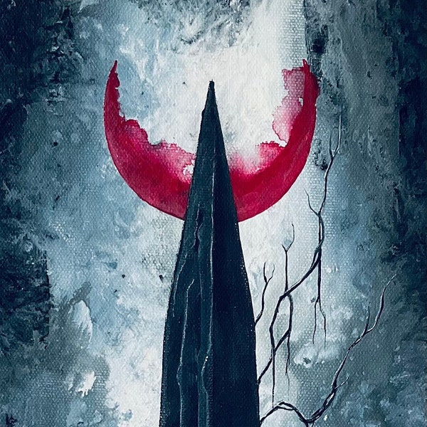 No One Will Find Me - Original Canvas Painting - Solitary Obelisk Tower Reaching for Surreal Crescent Red Moon