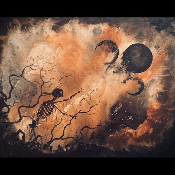 Étions-nous jamais réels - Impression d'art sombre - Squelette emmêlé d'arbres solitaires rêvant de lunes surréalistes dans un paysage sombre