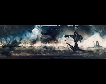 Shadow of the Stygian - Stark Art Print - Charon Ferryman on Dark Skiff above Misty River Styx