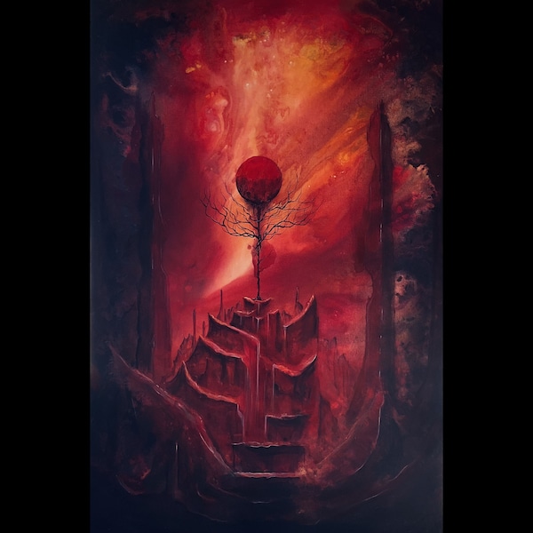 Sanguine Stair - Original Canvas Painting - Dark Surreal Landscape with Mountain Path Leading to Tree of Life and Blood Moon