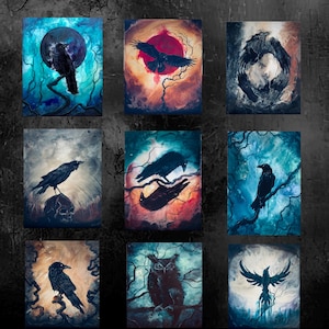 May include: Nine framed art prints featuring dark, gothic-style paintings of crows, ravens, and an owl. The artwork uses a palette of blues, reds, and blacks, with some pieces depicting a full moon or a red sun.