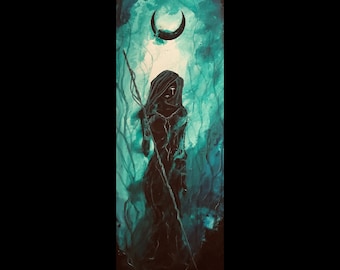 Glory of the Green Witch - Dark Art Print - Silhouette Girl with Magic Staff Stands in Shadow Beneath Surreal Crescent Moon