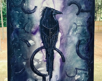 Shadow Rookery - Original Canvas Painting - Dark Black Bird Perched in Surreal Scene