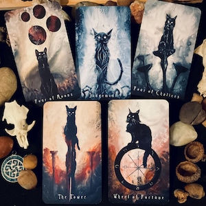 The Haunted Cat Gift Bundle - 78 Card Tarot Deck w/Guidebook Plus Three Shadowy Cat Art Prints Featuring Surreal Felines