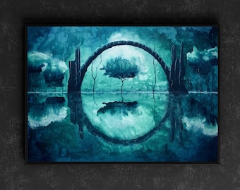 Mirror of Ourselves - Printable  Wall Art Download - Dark Bridge & Surreal Trees Looming over Reflective Water