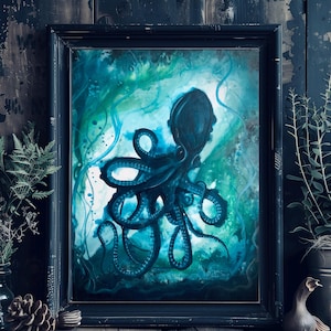 Bottomless - Shadowy Art Print - Dark Octopus Swimming in Deep Blue Surreal Ocean Depths