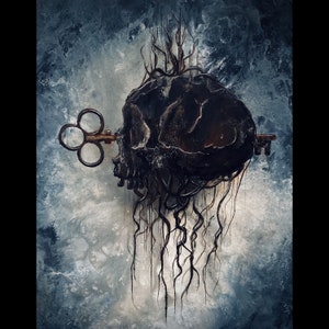 Skeleton Key - Dark Art Print - Rustic Textured Skull Floating in Surreal Void with Shadowy Key and Dark Roots