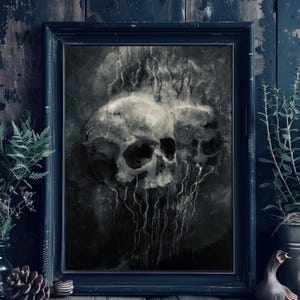 Puede incluir: Una pintura de acuarela en blanco y negro de una calavera con pintura goteando. La calavera está rodeada de un fondo oscuro y humeante.