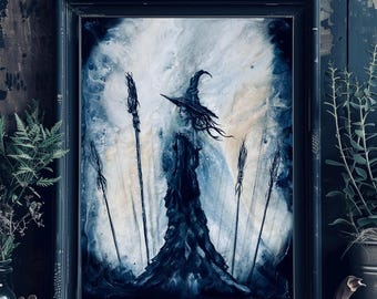 Coven Queen - Black and White Art Print - Dark Shadowy Witch with Hat and Brooms