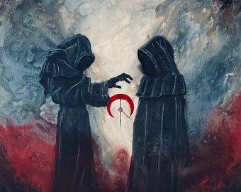 Shadow of a Thought - Original Canvas Painting - Two Gloomy Cloaked Figures in Tarot Card Style Looking Down on Surreal Moon Compass