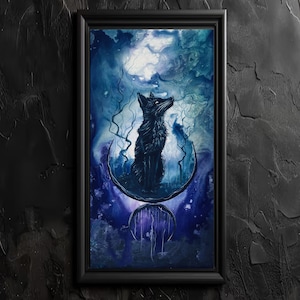 Moon Pup - Celestial Art Print - Young Wolf Sitting in Surreal Moon Basin Gazes Skyward at Night