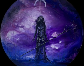 Remnant of the Night - Dark Art Print - Dark Witch in Robes with Magic Staff beneath White Crescent Moon