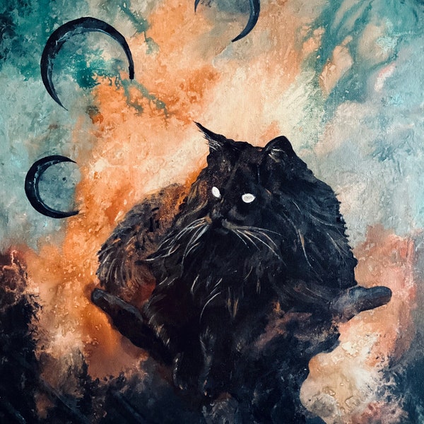 Feral Father - Lustrous Art Print - Wise Maine Coon Cat Rests atop Dead Branch under Three Surreal Moons