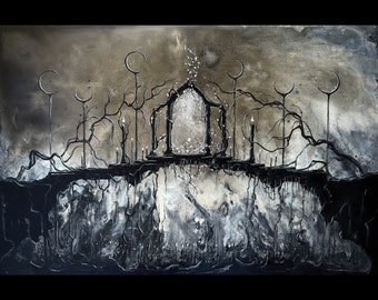 Pale Moon Pathway - Dark Art Print - Black and White Candlelit Stone Bridge with Ethereal Portal & Surreal Moon Totems