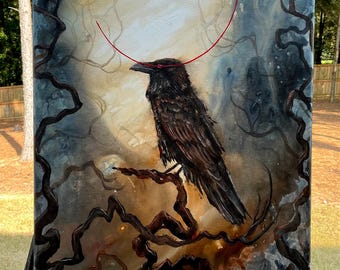Soul Escapist - Original Canvas Painting - Shadowy Crow with Red Crescent Gleaming Eye