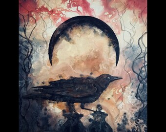 Night Thief - Shadowy Art Print - Mischievous Crow Perched beneath Surreal Crescent Moon