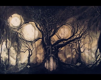 Join Me in Shadow - Dark Art Print - Haunted Surreal Shadowy Forest Clutching Many Moons in Tree Branches