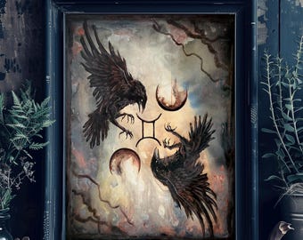 Gemini - Zodiac Art Print - Two Crows Flying with Star Sign & Surreal Moons