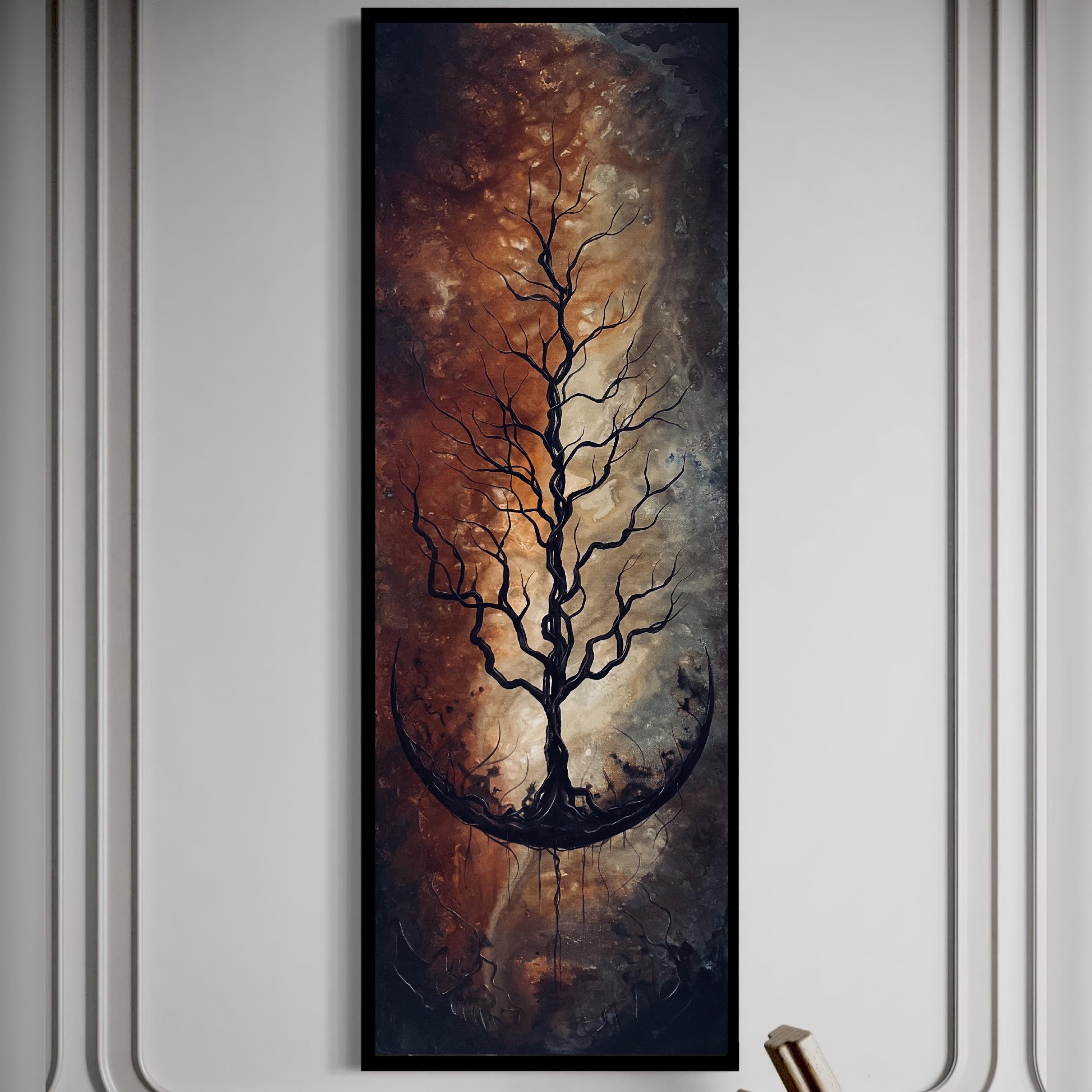 Soul on Fire - Printable  Wall Art Download - Dark Tree Erupting from Surreal Crescent Moon in Fiery Landscape