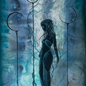 Unloved - Dark Art Wall Print - Gloomy Sad Medusa Goddess Weeps atop Moon Pillars image 2