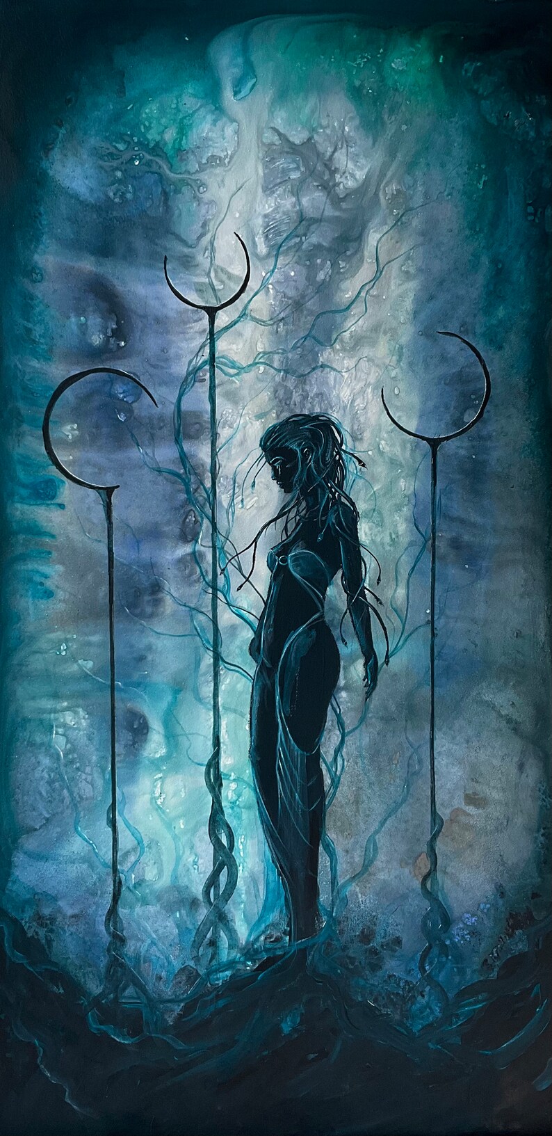 Unloved - Dark Art Wall Print - Gloomy Sad Medusa Goddess Weeps atop Moon Pillars image 2