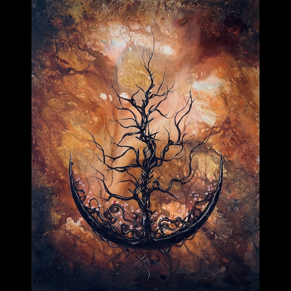 Soul Desire - Bright & Surreal Wall Art Print - Fiery Orange Landscape with Burning Crescent Moon, Tree, and Flowers