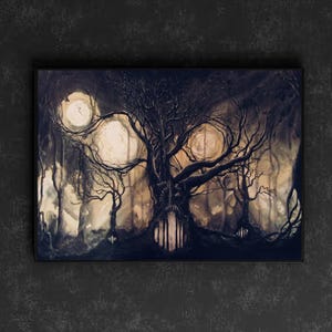 Join Me in Shadow - Dark Art Print - Haunted Surreal Shadowy Forest Clutching Many Moons in Tree Branches