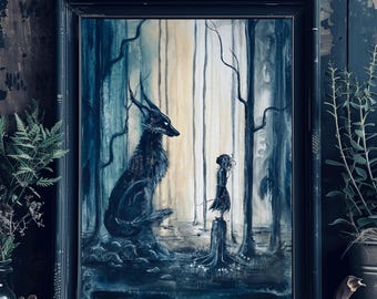 Meeting of the Magi - Fantasy Art Print - Shadow Girl & Otherworldly Wolf in Dark Forest