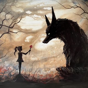 May include: An artistic painting depicts a silhouetted girl offering a red flower to a large, dark wolf-like creature. The background features a cloudy sky and barren trees, creating a mysterious and slightly ominous atmosphere. The artwork evokes a sense of fantasy and storytelling.