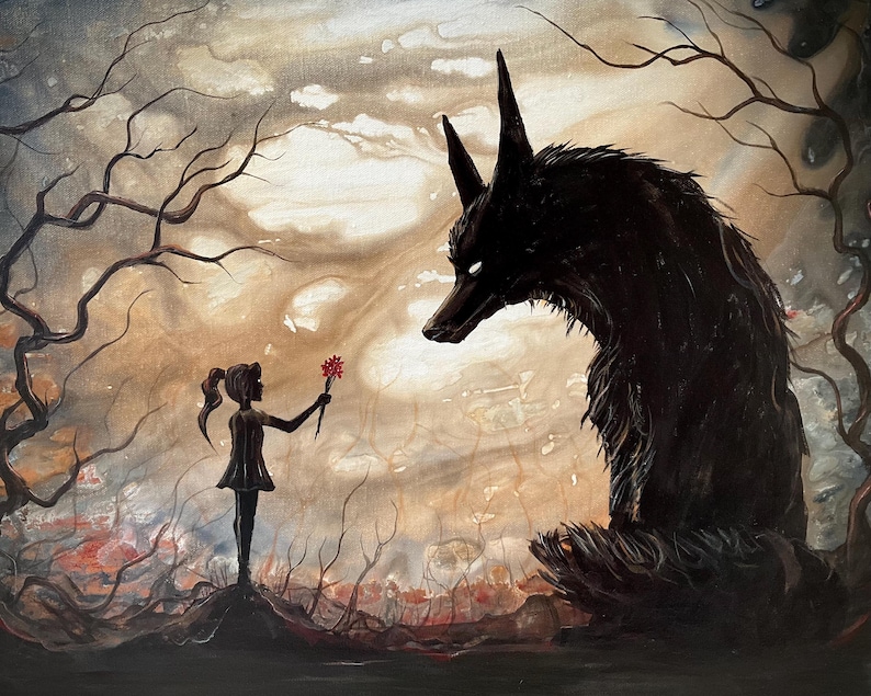 May include: An artistic painting depicts a silhouetted girl offering a red flower to a large, dark wolf-like creature. The background features a cloudy sky and barren trees, creating a mysterious and slightly ominous atmosphere. The artwork evokes a sense of fantasy and storytelling.