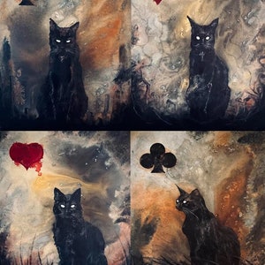 Royalty - Set of Four Black Cat Art Prints - Haunting Dark Felines in Surreal Settings with Playing Card Symbols