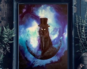 Baron Von Noir - Funny Black Cat Print - Shadowy Haunted Feline with Hat on Moon
