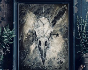 May include: A black framed painting with a white and gray skull with a key in its beak. The skull is surrounded by a white, string-like substance.