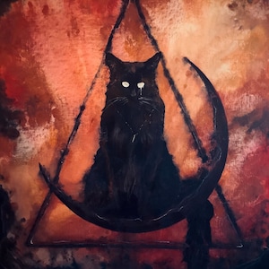 Balance of Shadow - Lustrous Art Print - Dark & Haunted Cat Sitting on Surreal Crescent Moon w/ Ethereal Symbols