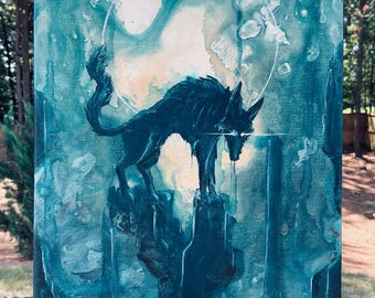 Hunted - Original Canvas Painting - Wild Wolf with Starry Eyes in Surreal Landscape