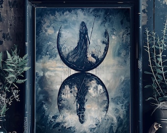 Goddesses of the Gallows - Lustrous Black and White Art Print - Dark & Shadowy Witches Reflected in Surreal Crescent Moons