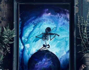 Song of Solitude - Dark Art Print - Sad Skeleton Plays Dark Violin on Surreal Moon