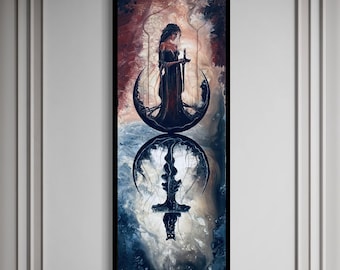 May include: A painting of a woman in a dark dress standing in a mystical setting. She holds a small object in her hand. The background is a mix of red, blue, and white colors. The woman is surrounded by a crescent moon shape.