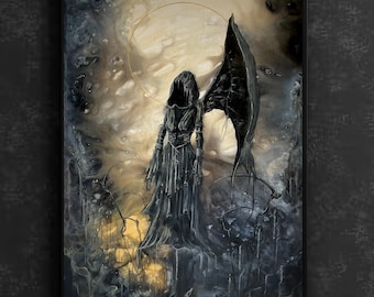 Seraph of the Styx - Dark Angelic Art Print - Fallen Angel in Surreal Candlelit Landscape