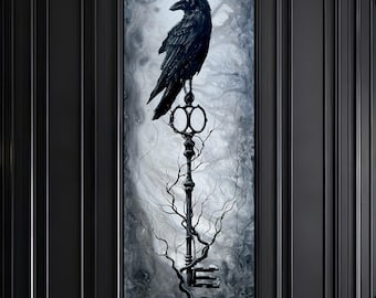 Last of Keys - Gothic Art Print - Dark Raven Perched on Medieval Fantasy Skeleton Key